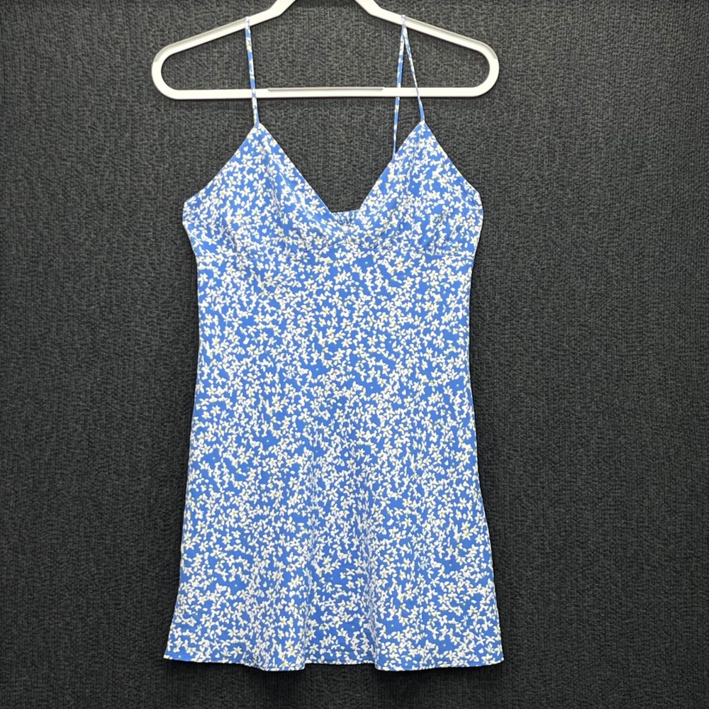 Zara Blue White Floral Mini Dress Smocked Back Spaghetti Strap V-Neck Small
